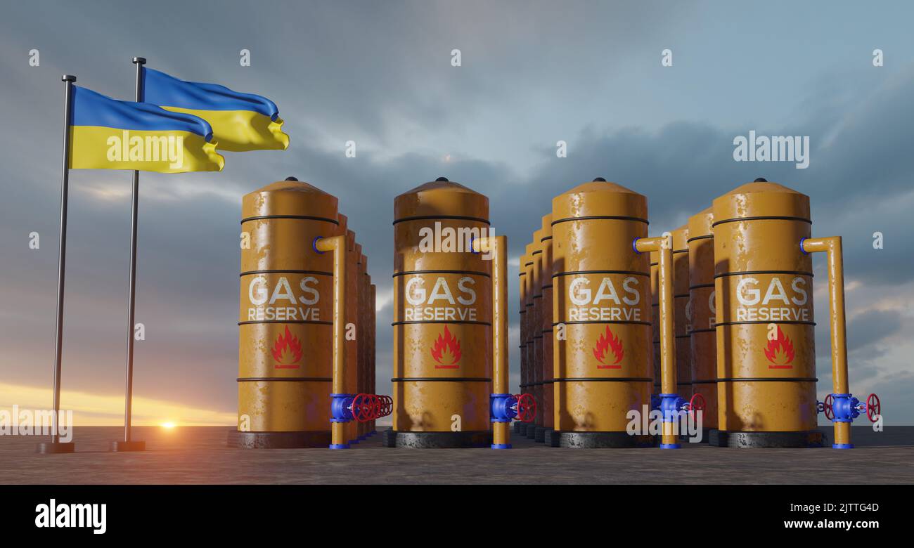 Ukraine Gasreserve, Ukraine Gasspeicherreservoir, Erdgastank Ukraine mit Flagge Ukraine, Sanktion auf Gas, 3D Arbeit und 3D Bild Stockfoto