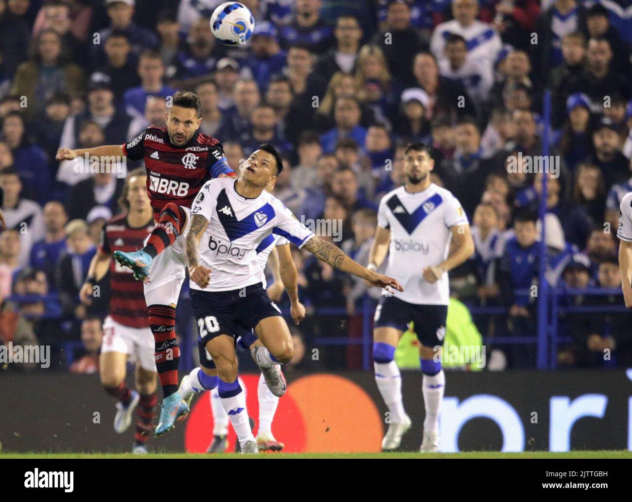 31.. August 2022. Jos&#xe9; Amalfitani-Stadion, Liniers, Buenos Aires, Argentinien; Walter Bou von Velez S&#xe1;rsfield Challenges &#xc9;verton Ribeiro von Flamengo, während des Spiels V&#xe9;lez S&#xe1;rsfield und Flamengo, Semifinale von CopaLibertadores 2022 Stockfoto