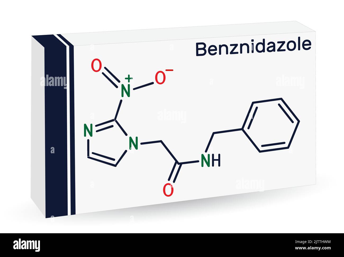 Benznidazol-Molekül. Es ist ein parasitäres Medikament, das bei der Behandlung der Chagas-Krankheit verwendet wird. Chemische Formel des Skeletts. Papierverpackungen für Medikamente. Vektor Stock Vektor