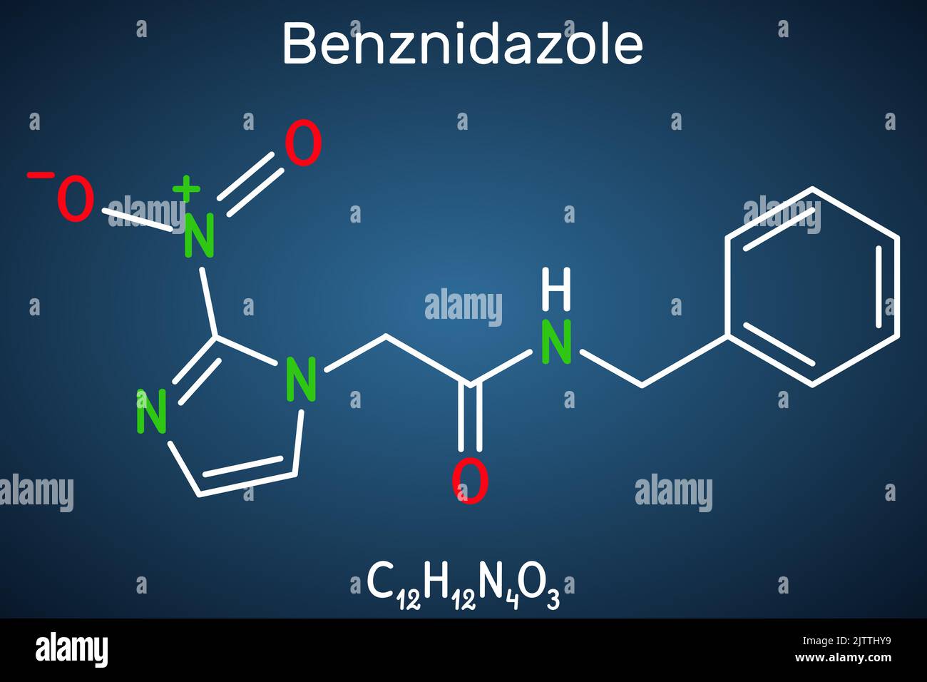 Benznidazol-Molekül. Es ist ein parasitäres Medikament, das bei der Behandlung der Chagas-Krankheit verwendet wird. Strukturelle chemische Formel auf dem dunkelblauen Hintergrund. Vect Stock Vektor