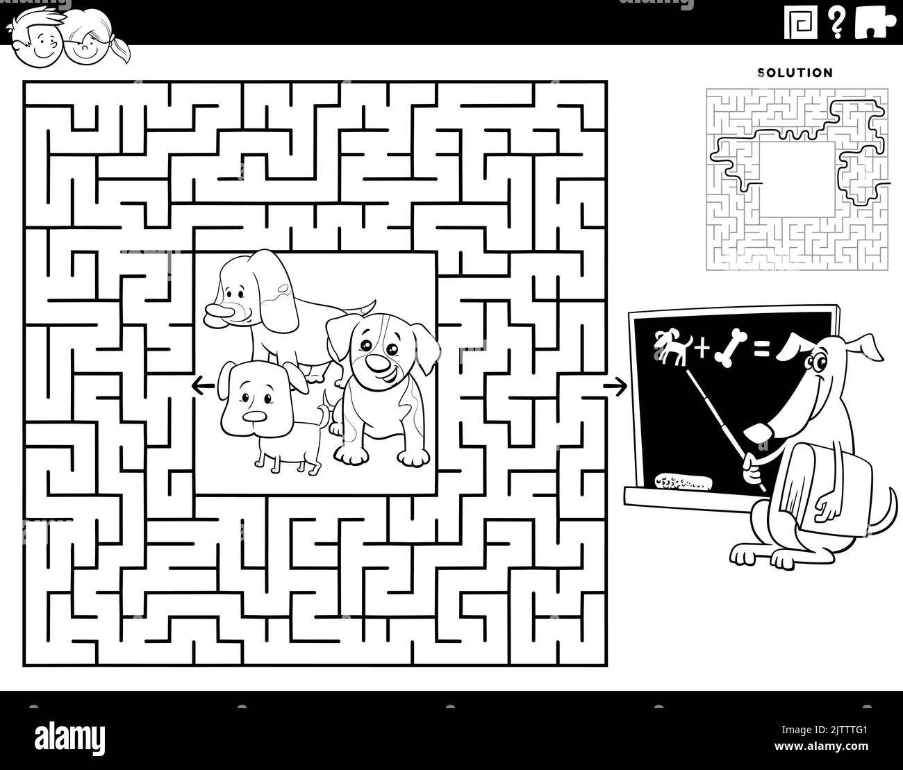 Schwarz-Weiß-Cartoon-Illustration der pädagogischen Labyrinth Puzzle-Spiel für Kinder mit kleinen Welpen und Lehrer Hund Färbung Seite Stock Vektor