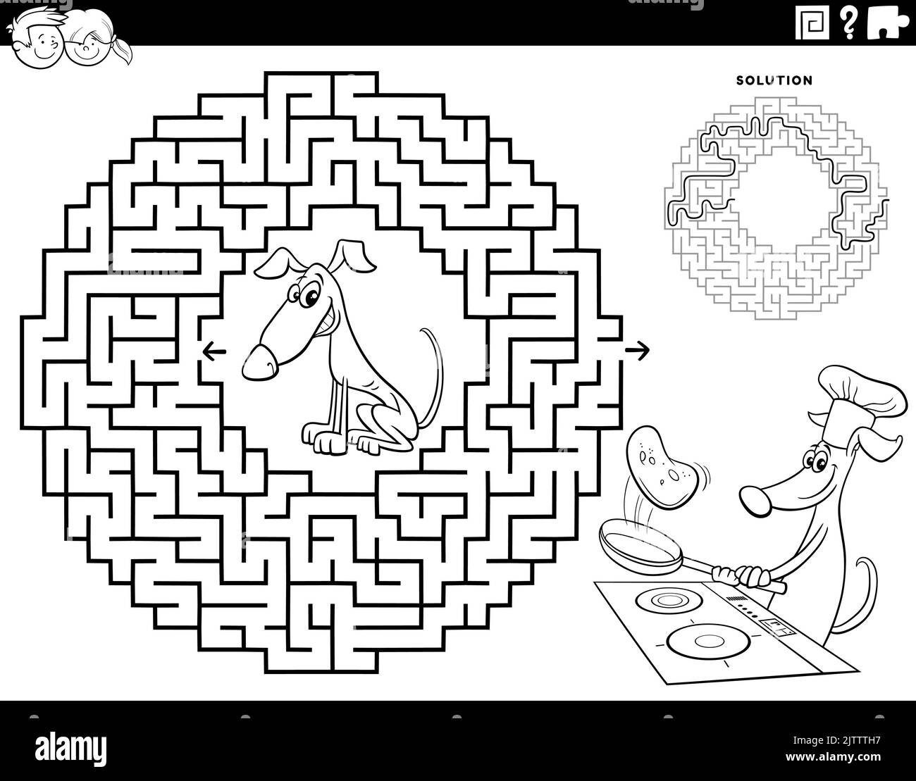 Schwarz-Weiß-Cartoon-Illustration der pädagogischen Labyrinth Puzzle-Spiel für Kinder mit Hund machen Pfannkuchen Malseite Stock Vektor