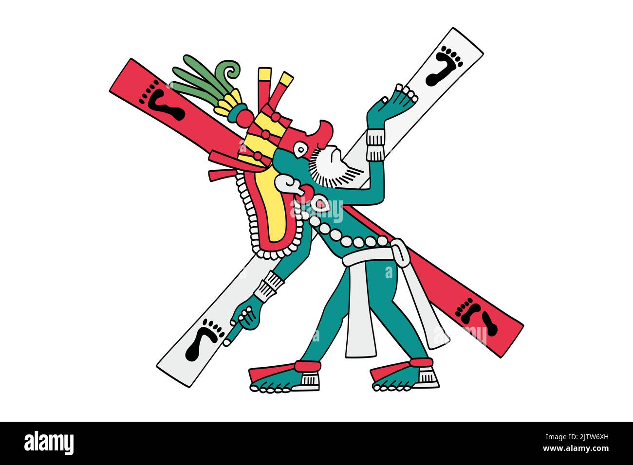 Xolotl an einer Kreuzung. Aztekischer gott des Feuers, Blitzes, Monster, Unglück, Krankheit und Missbildungen. Verbunden mit himmlischem Feuer. Stockfoto