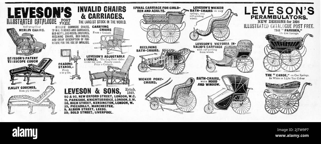 Gravur von Werbung für Kinderwagen und Rollstühle im Jahr 1896 Stockfoto