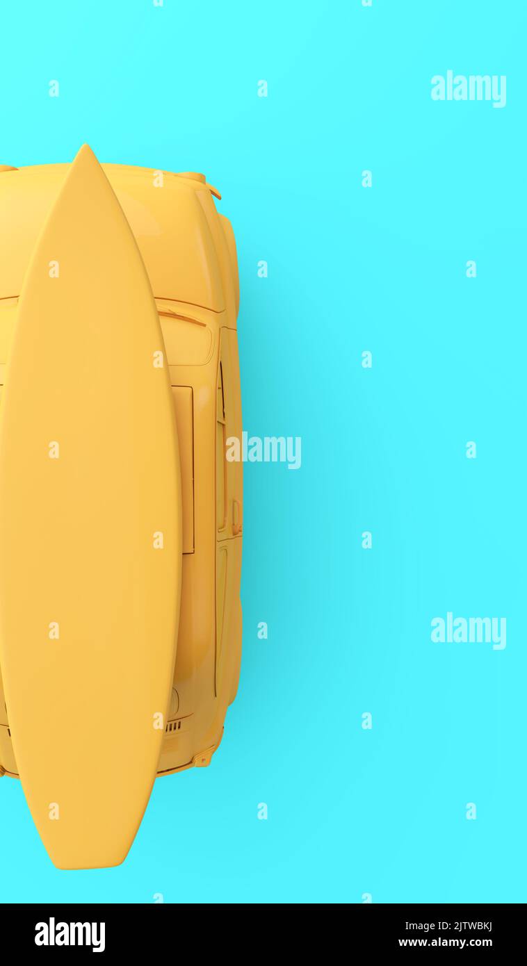 Ansicht eines Autos mit einem Surfbrett auf dem Dach von oben. Sommerferien Hintergrund. 3D Rendering Stockfoto