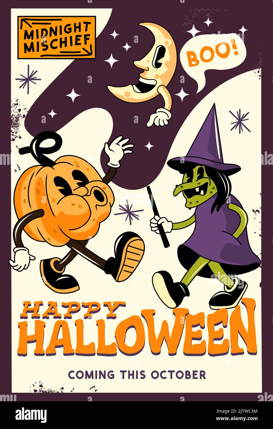 Ein gruseliges klassisches Halloween Event Layout mit Kürbissen und Hexen! Vektorgrafik. Stock Vektor