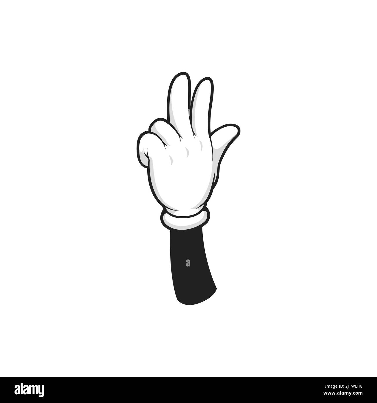Cartoon Hand im Handschuh zeigt drei Finger oben Zeichen isoliert nonverbale Geste. Vektor Frieden Gewinner Symbol, zwei Finger angehoben. Countdown Zeichen, Signal, Zählen Mann Frau Arm in Handschuh, Zahlen Stock Vektor