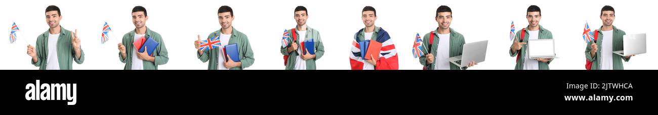 Set von jungen Mann mit UK-Flagge auf weißem Hintergrund Stockfoto