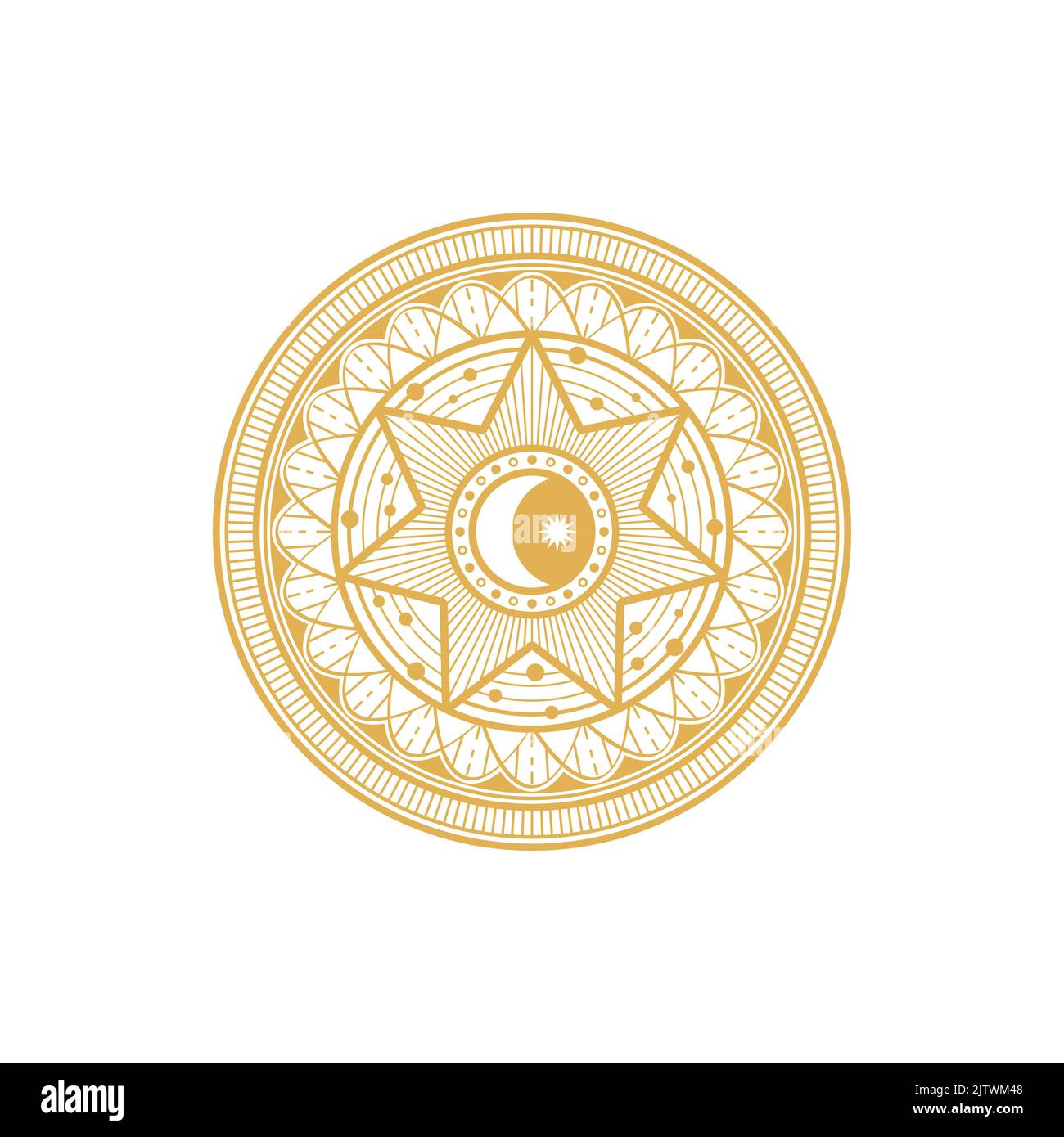 Runde ethnische Amulett Magie Astrologie Symbol isoliert goldenen Kreis. Vektor Tarot Talisman mit Mond und Stern, Sonne und ethnischen Ornament. Freimaurer oder Freimaurer Symbol des Glücks, alte Ägypten Münze Stock Vektor