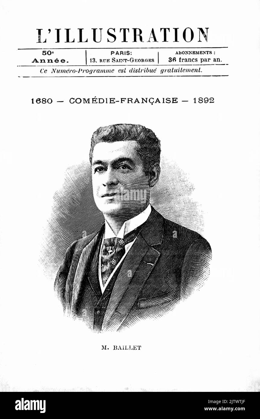 1892 , Paris , FRANKREICH : der französische Schauspieler und Dramatiker GEORGES BAILLET ( 1848 - 1935 ) von Comédie Française auf dem Cover der Zeitschrift L'ILLUSTRATION , 1892 . Portrait gestochen von einem Foto von Van Bosch, Paris. - BELLE EPOQUE - ATTORE TEATRALE - TEATRO - THEATER - PORTRAIT - RITRATTO - GESCHICHTE - FOTO STORICHE - Kragen - colletto - Krawatte - Cravatta - Cover - copertina --- Archivio GBB Stockfoto