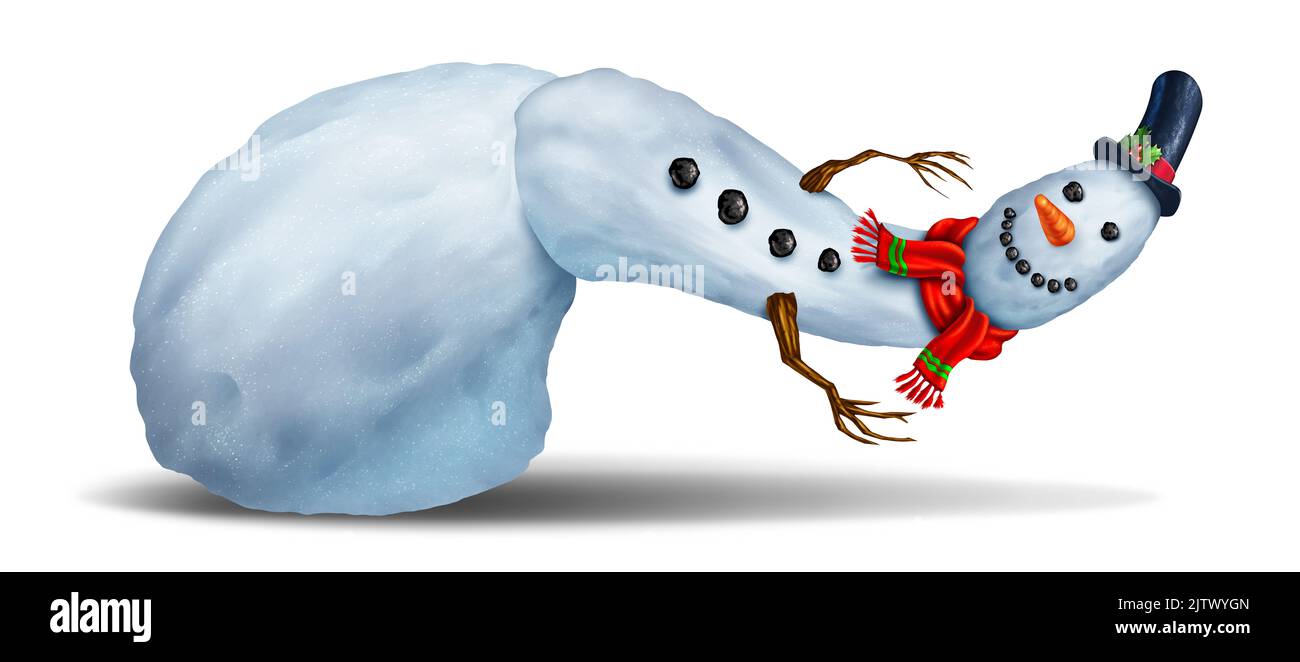 Lustige verdrehte Schneemann-Figur isoliert auf weißem Hintergrund als lustige magische Winter-Feier-Ikone und festliche saisonale Symbol für Schnee. Stockfoto