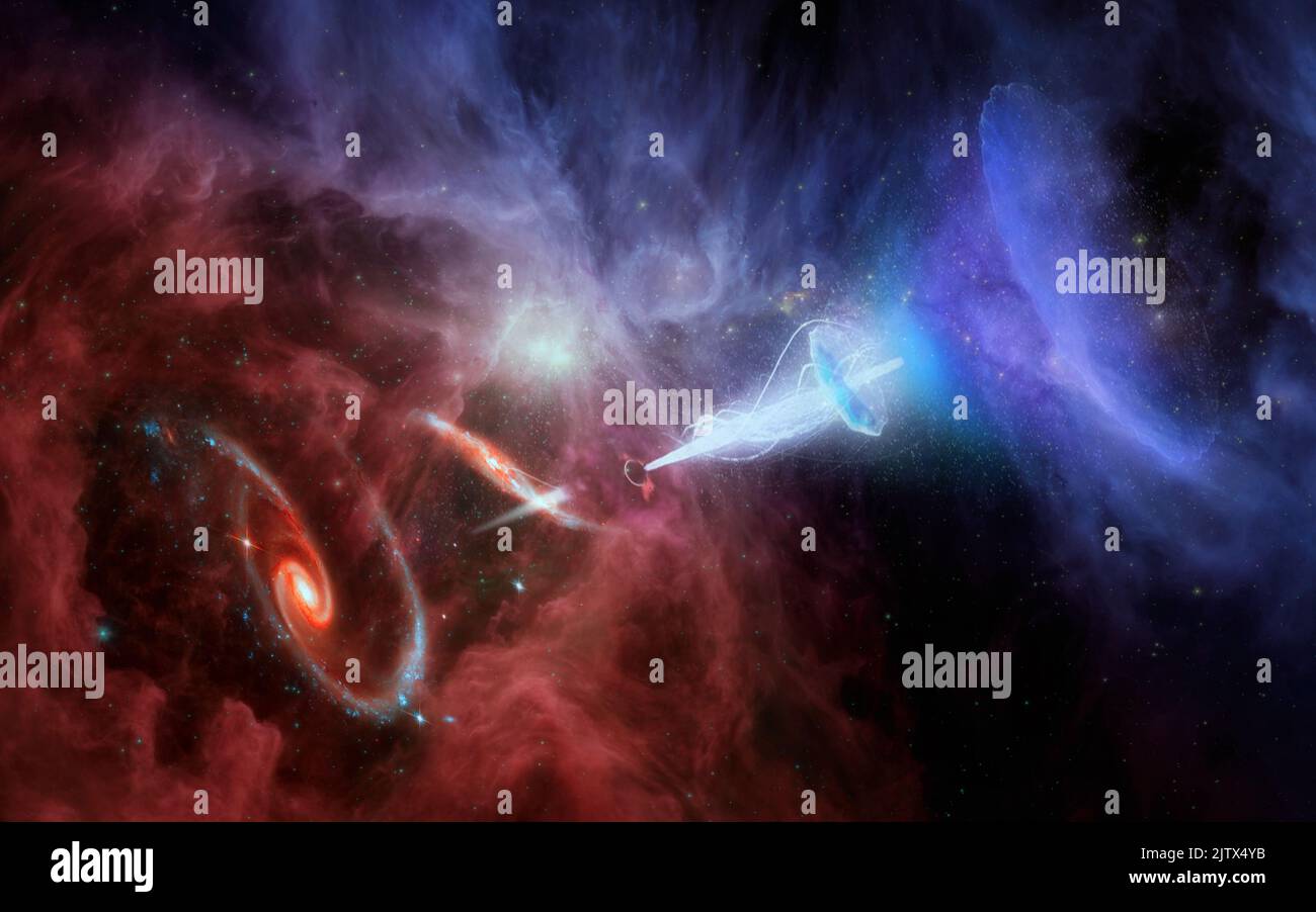Hintergrund des Fantasieraums Berührungspunkt zwischen Materie und Antimatter, Energieübertragung. Die Elemente dieses Bildes wurden von der NASA eingerichtet. Stockfoto