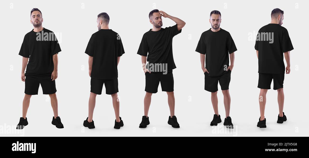 Nachbildung eines schwarzen Oversized-Anzugs auf einen brutalen Typen in Sneakers, Vorder- und Rückansicht, isoliert auf dem Hintergrund. Set aus T-Shirts, Shorts auf einem Mann, für Design, Stockfoto