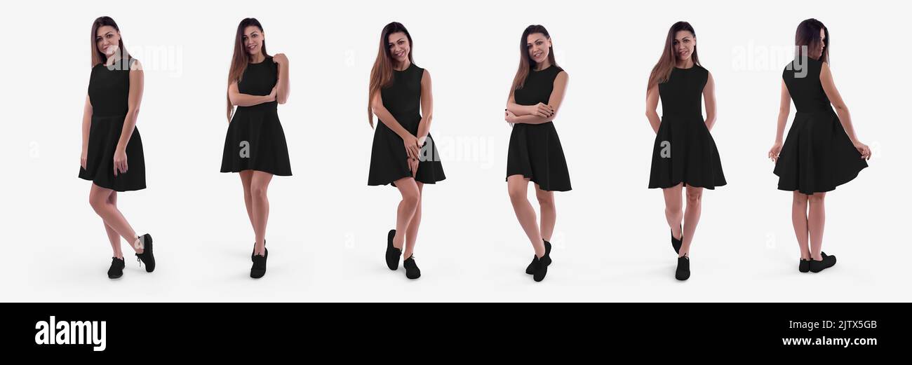 Schwarzes Wellenkleid Mockup auf einem dunkelhaarigen Mädchen in Mokassins, Sommerkleidung mit Rock, Vorder-, Rückansicht, isoliert auf dem Hintergrund. Eingestellt. Schwungstress templ Stockfoto