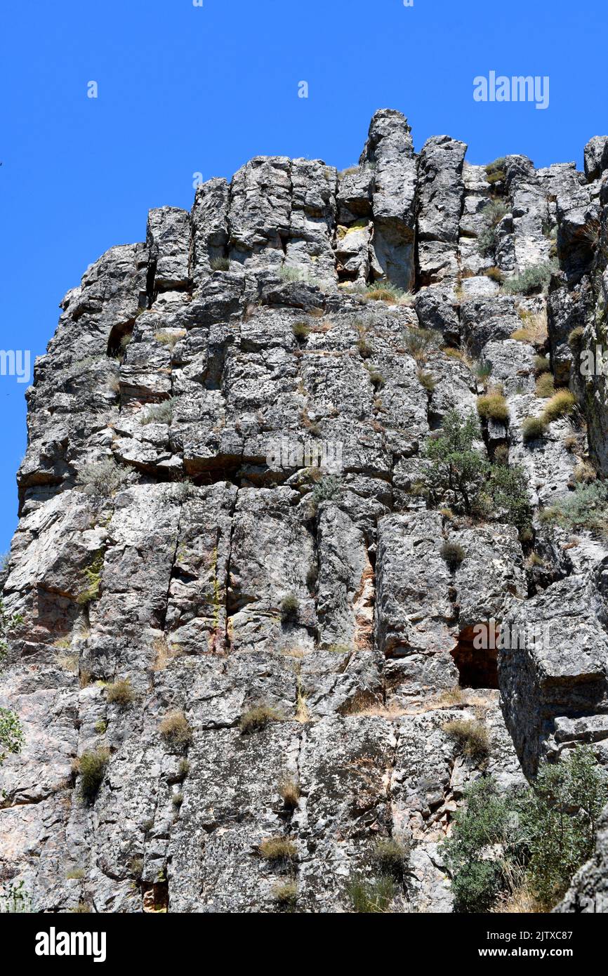 Armorican Quarzite. Dieses Foto wurde in Cabañas del Castillo, Villuercas-Ibores-Jara Geopark, Caceres, Extremadura, Spanien aufgenommen. Stockfoto