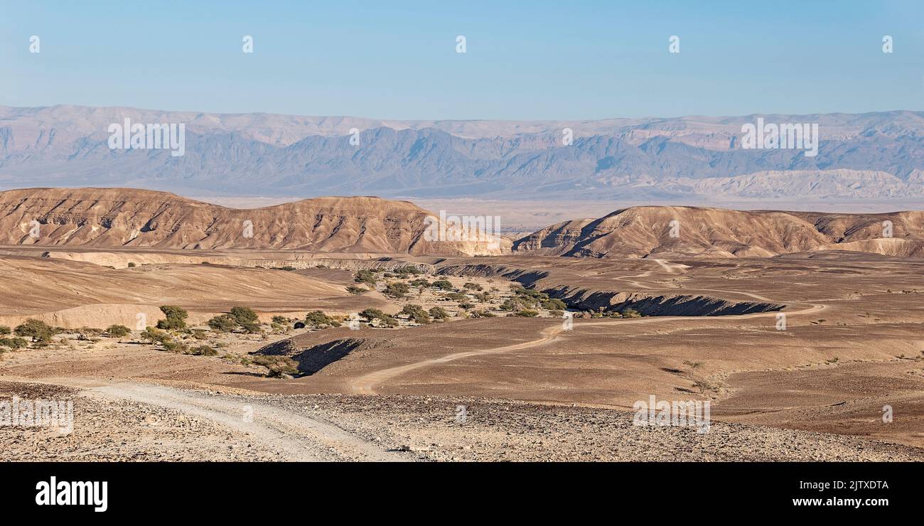 Panorama des Great Rift Valley von einem Hügel über dem trockenen Bachbett des Wadi Nahal Qatsra mit den jordanischen Bergen im Hintergrund Stockfoto