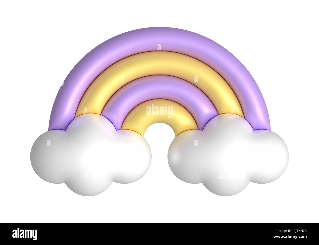 3D Regenbogen in Bonbon-Pastellfarben gelb, lila. Niedlichen Kunststoff Regenbogen mit Wolken. 3D Rendering Feder Illustration geeignet für die Dekoration von Birthd Stockfoto