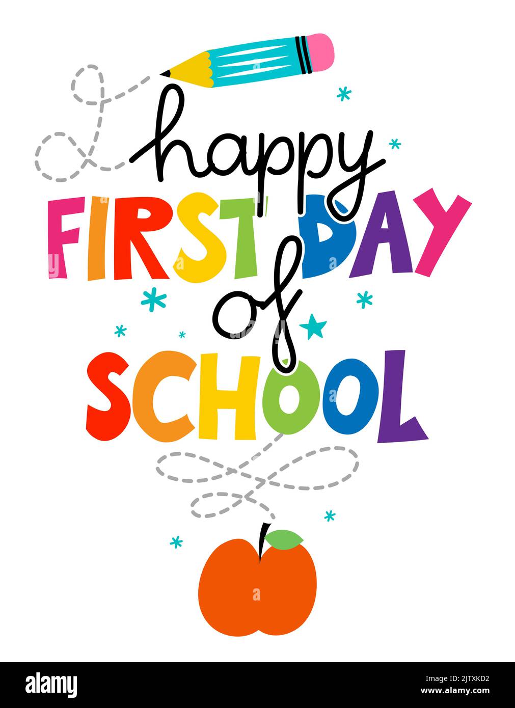 Happy First Day of School - Typografie-Design. Gut für Kleidung, Geschenksets, Fotos oder Motivationsplakate. Willkommen zurück zur Schule Zeichen. Stock Vektor