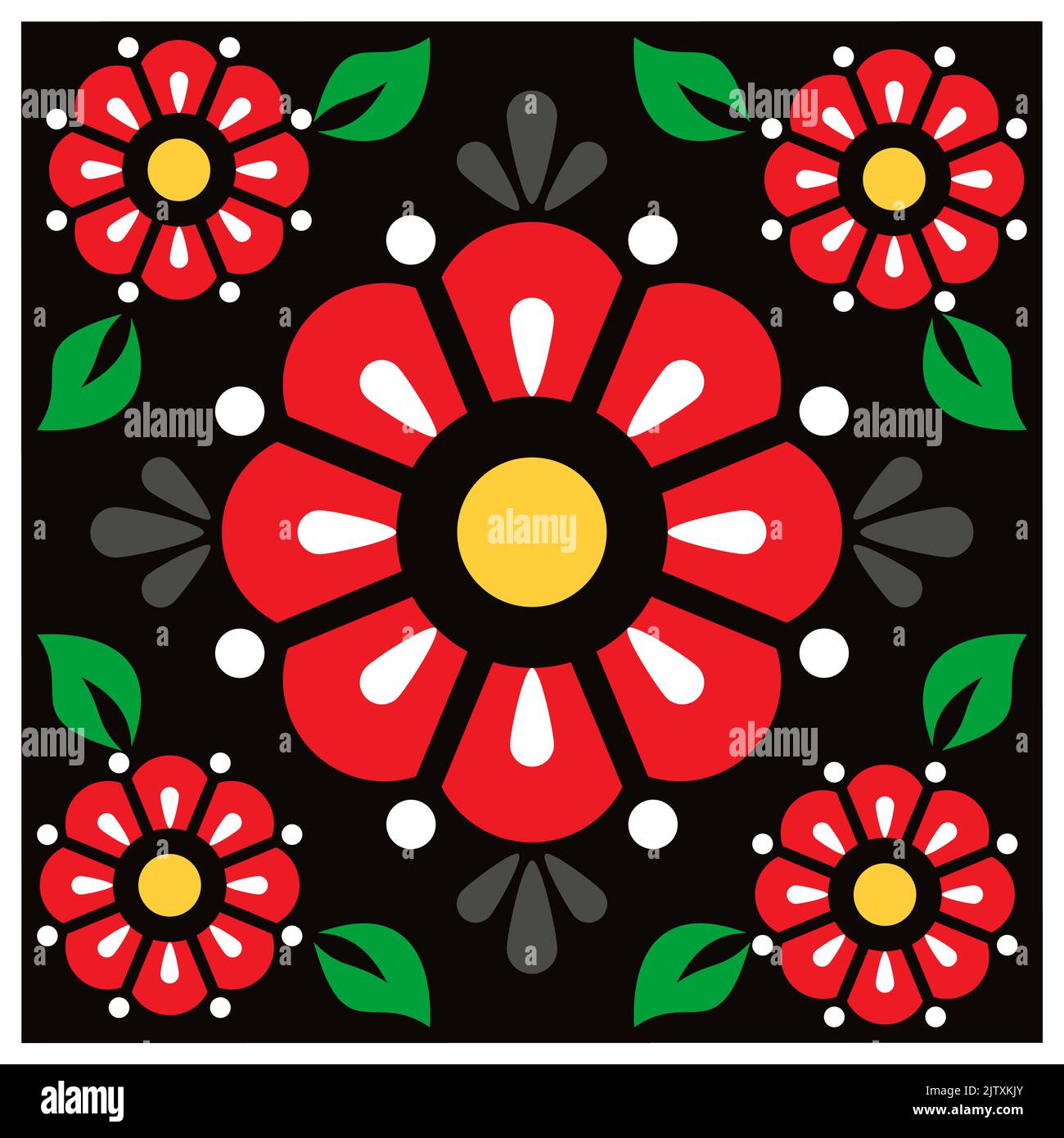 Mexikanische talavera einzigen Fliese Vektor nahtloses Muster mit roten Blumen und Blättern auf schwarzem Hintergrund, Retro-Heimtextilien Stock Vektor