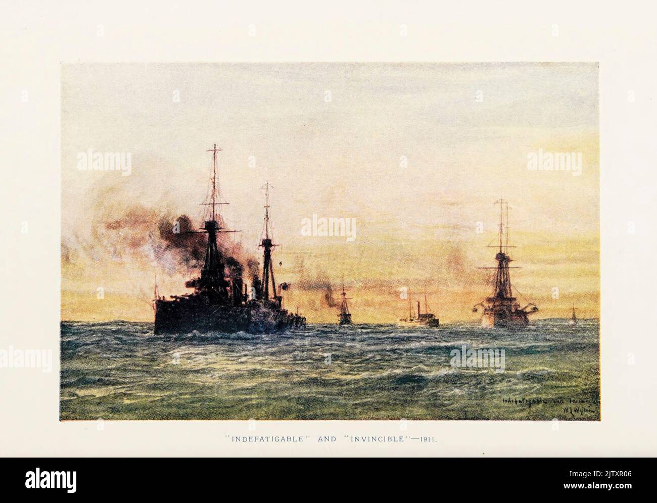 HMS unermüdlich und HMS Invincible, 1911 aus Bildern von William Lionel Wyllie in dem Buch "The British Battle Fleet: ITS Inception and Growth throughout the centages to the present day" Band 2 von Jane, Fred T., 1865-1916 Erscheinungsdatum 1915 Stockfoto