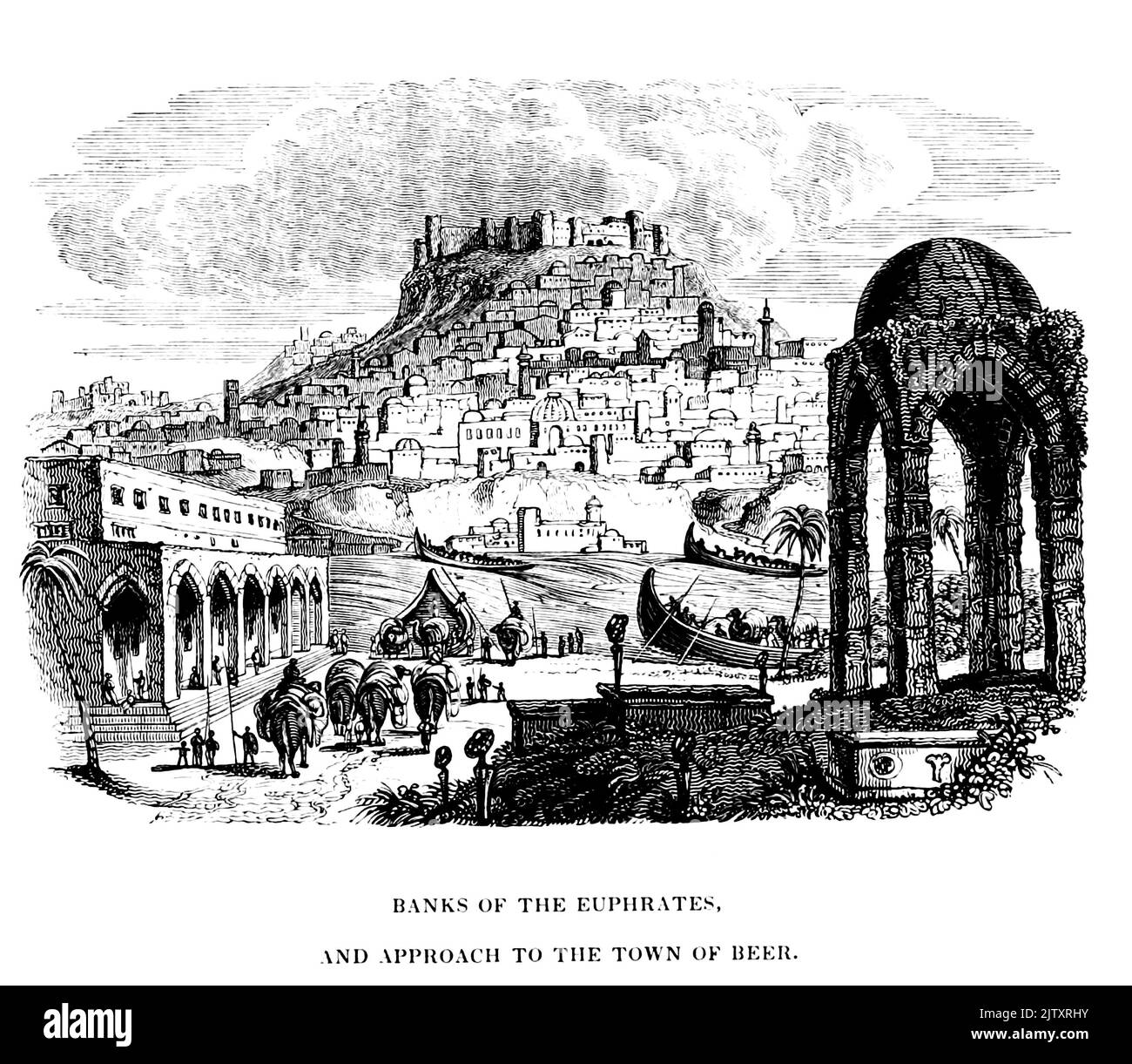 Ufer des Stromes und Annäherung an die Stadt von Bier (graviert von Byfield) aus dem Buch "Reisen in Mesopotamien. Inklusive einer Reise von Aleppo, über den Pyrat nach Orfah [Urfa], (die Ur der Chaldäer) durch die Ebenen der Turkomaner, " von Buckingham, James Silk, 1786-1855 Band 1 Erscheinungsdatum 1827 Herausgeber London, H. Colburn Stockfoto