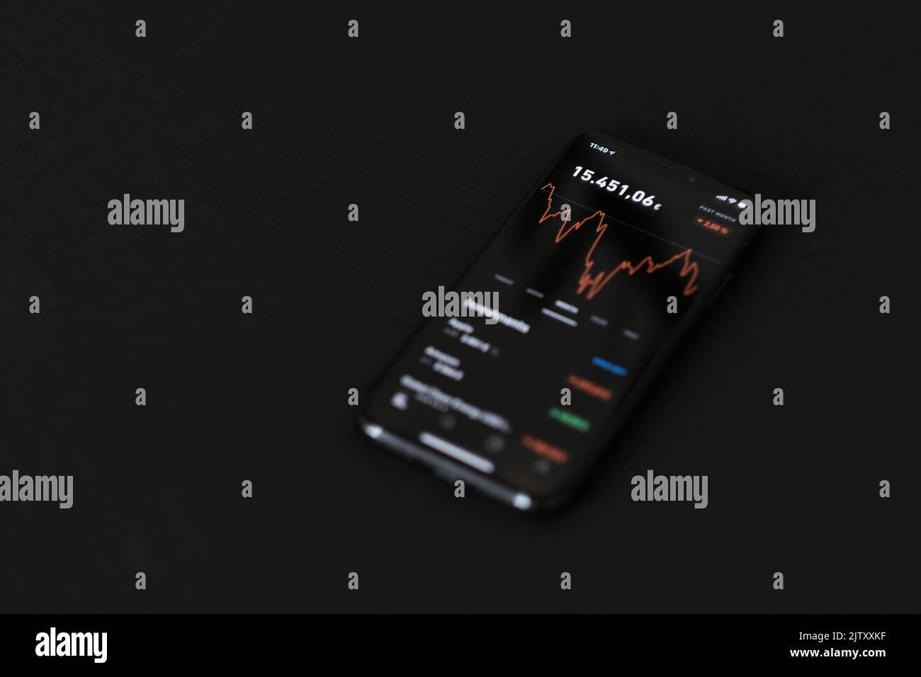 Eine Infografik zur Anzeige von Investitionen auf einem Telefonbildschirm, umgeben von völliger Dunkelheit Stockfoto