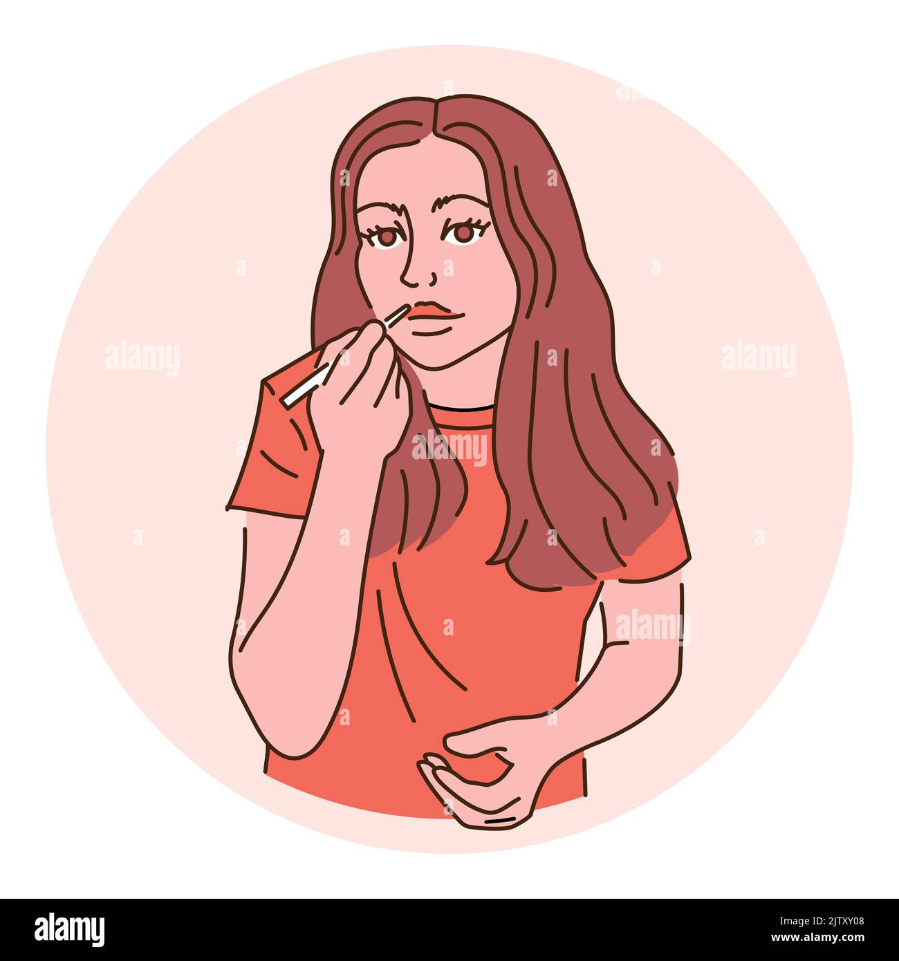 Mädchen malt ihre Lippen flache Vektor-Illustration. Tägliche Routine. Isolierte Zeichentrickfigur Stock Vektor
