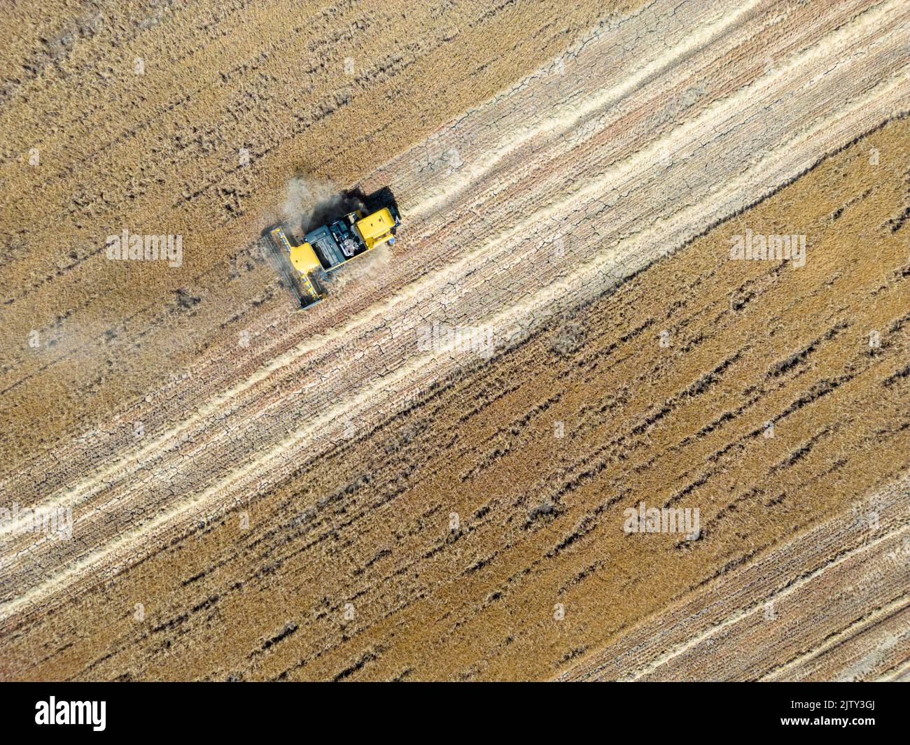 Traktor auf Dürrefeld mit Rissen Stockfoto