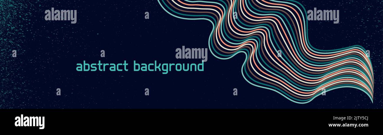 Banner im Retro-Stil mit dynamischen geschwungenen Linien mit hellen Farben auf dunklem schmutzigem und grungenem Hintergrund. Abstraktes Poster Hintergrund Design und futuristisch Stock Vektor