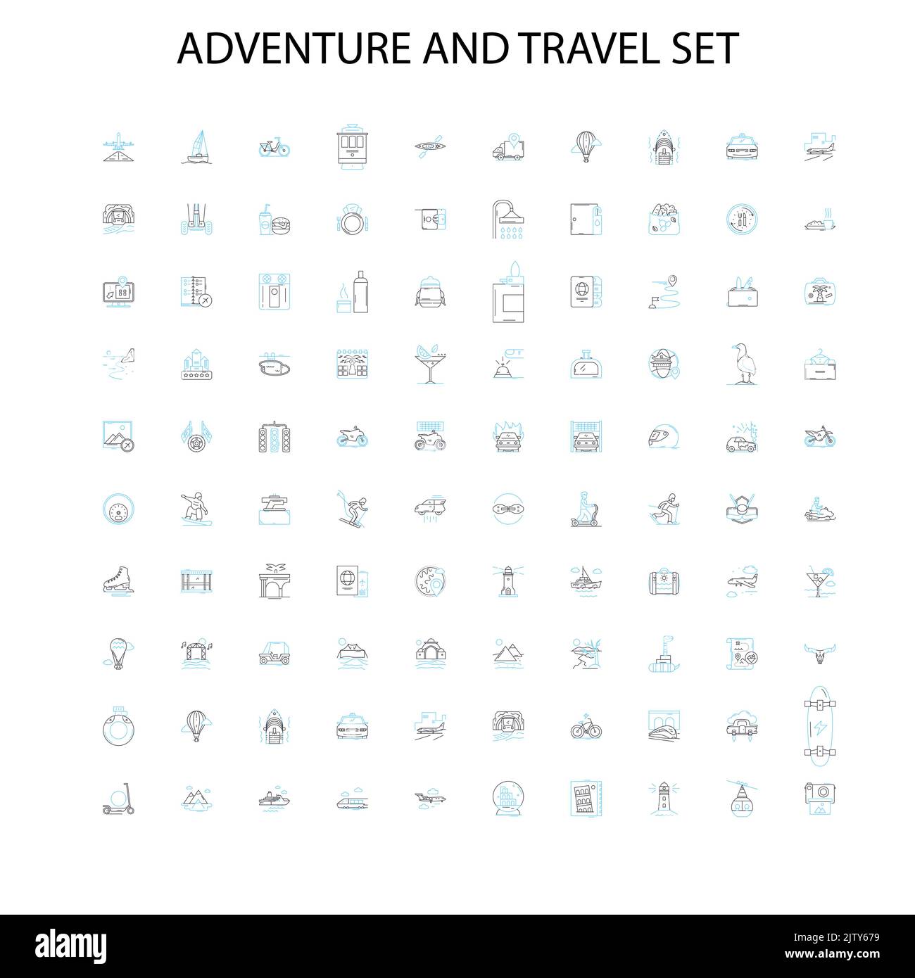 Abenteuer- und Reisekollektion Symbole, Schilder, Umrisssymbole, Konzept lineare Illustration Linie Sammlung Stock Vektor