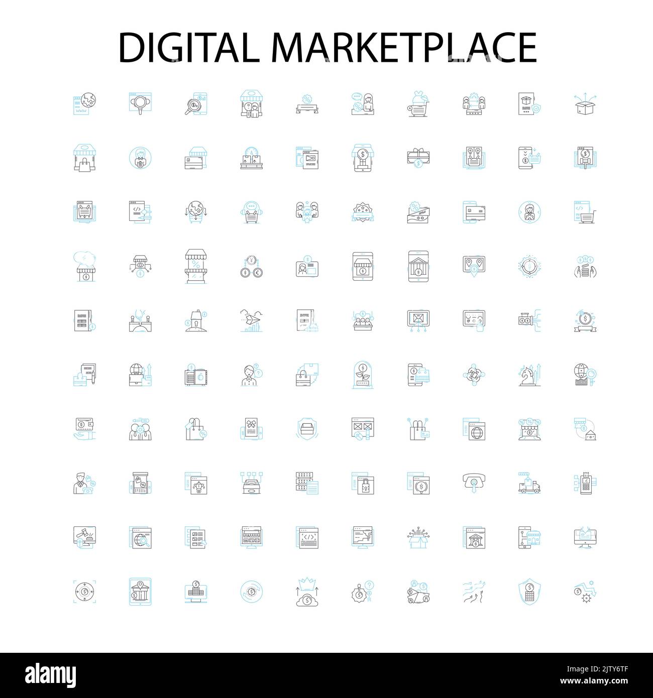 Digitale Marktplatz Symbole, Schilder, Umrisssymbole, Konzept lineare Illustration Linie Sammlung Stock Vektor