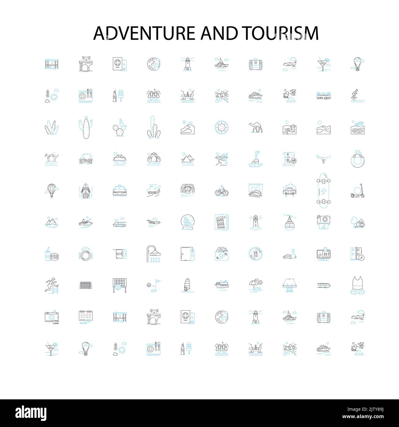 Abenteuer- und Tourismus-Ikonen, Schilder, Umrisssymbole, Konzept lineare Illustration Linie Sammlung Stock Vektor