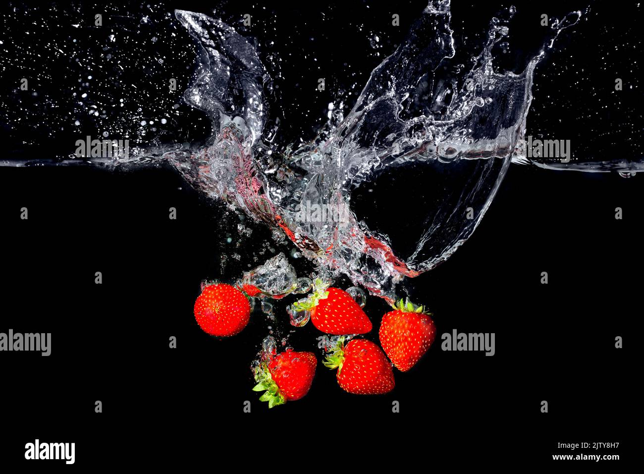 Frische Erdbeere fiel ins Wasser mit Spritzern auf schwarzem Hintergrund. Stockfoto