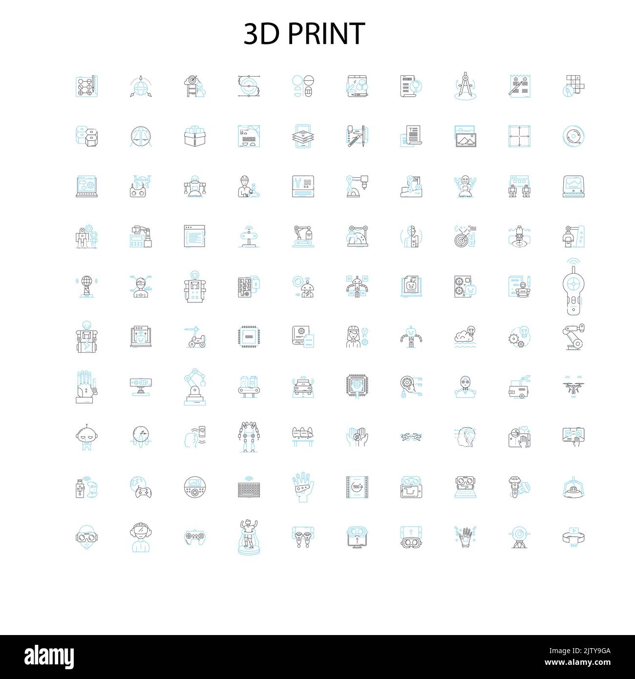 3D Print-Symbole, Schilder, Umrisssymbole, Konzept lineare Illustration Linie Sammlung Stock Vektor