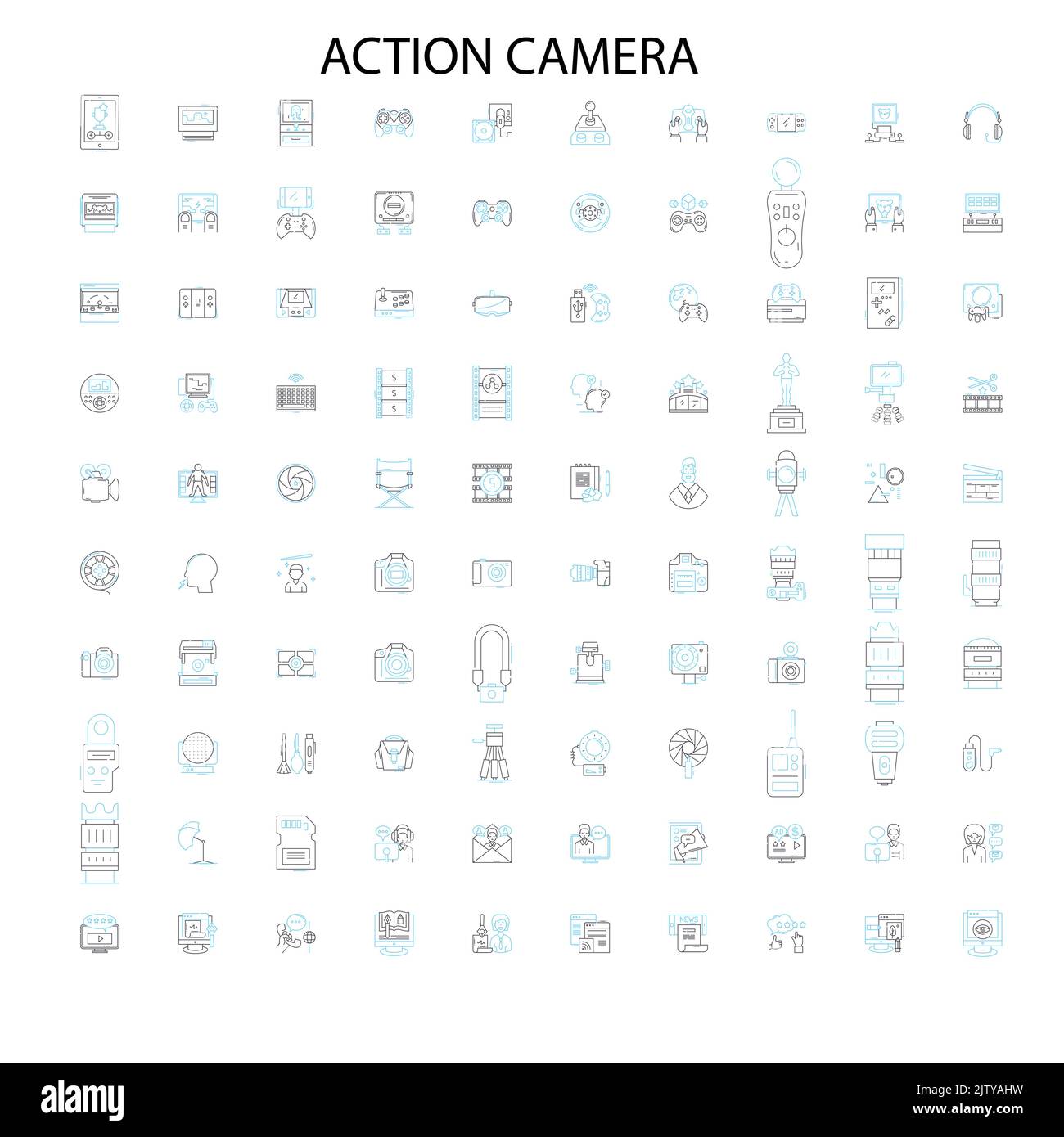 Action-Kamera-Symbole, Schilder, Umrisssymbole, Konzept lineare Illustration Linie Sammlung Stock Vektor
