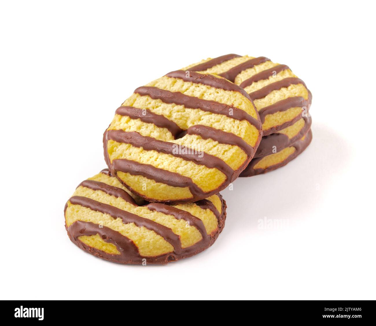 Gebräunte gestreifte Shortbread-Kekse auf Weiß Stockfoto
