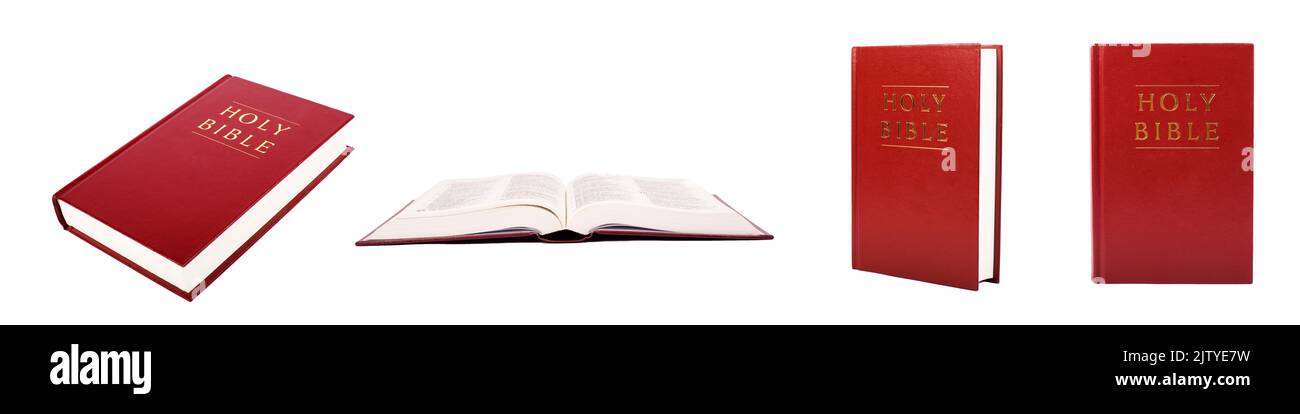 Bibel mit roter Deckfarbe isoliert auf weißem Hintergrund Stockfoto