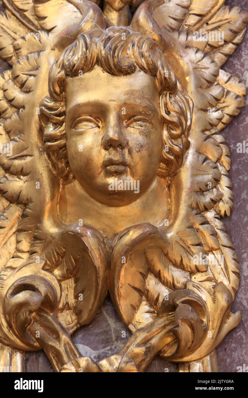 Visage d'un ange Barock. Skulptur. Eglise Saint-Gervais-et-Protais. Saint-Gervais-les-Bains. Haute-Savoie. Auvergne-Rhône-Alpes. Frankreich. Europa. Stockfoto