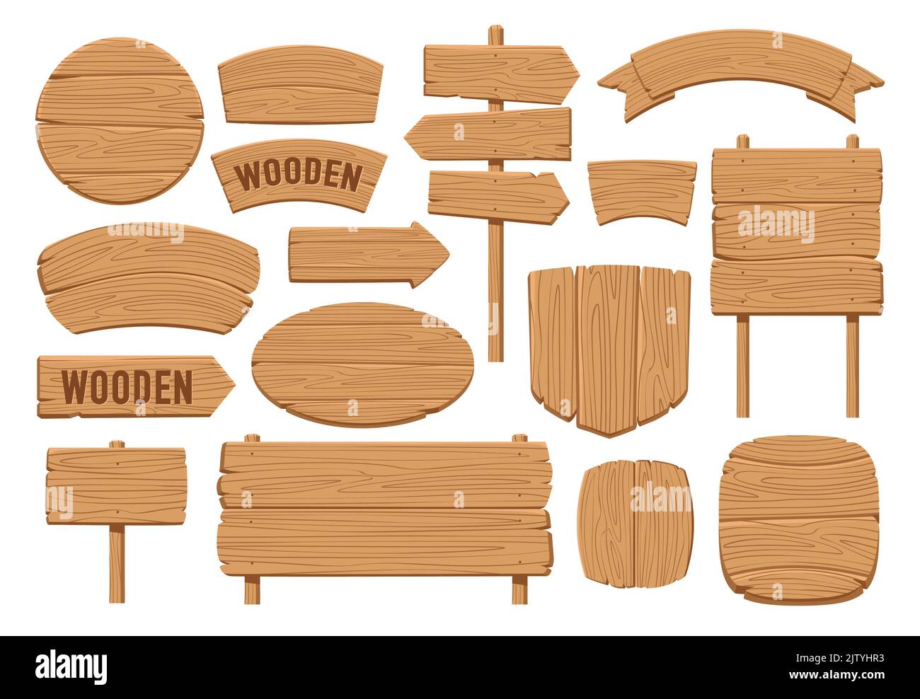 Setzen Sie Holzbanner, Schilderpfosten oder Bretter Designvorlage. Schilder Sammlung, Platte Sperrholz Vektor Illustration Stock Vektor