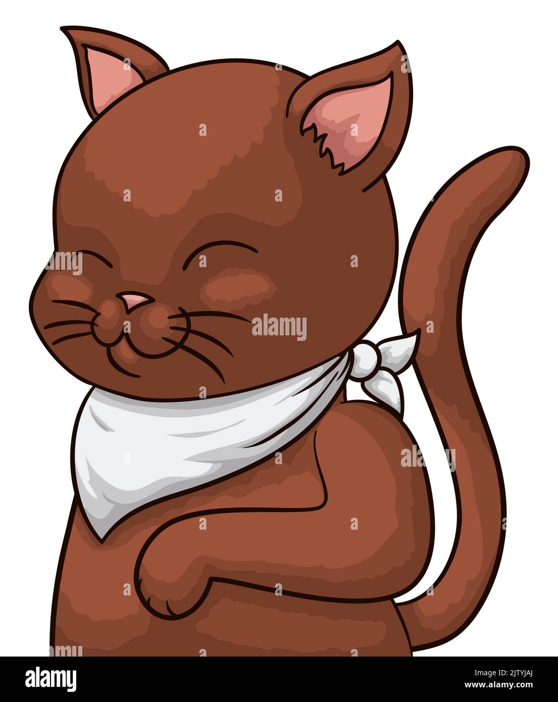 Hungrige braune Katze wartet auf ihr Essen mit weißer Serviette am Hals, im Cartoon-Stil und weißem Hintergrund. Stock Vektor