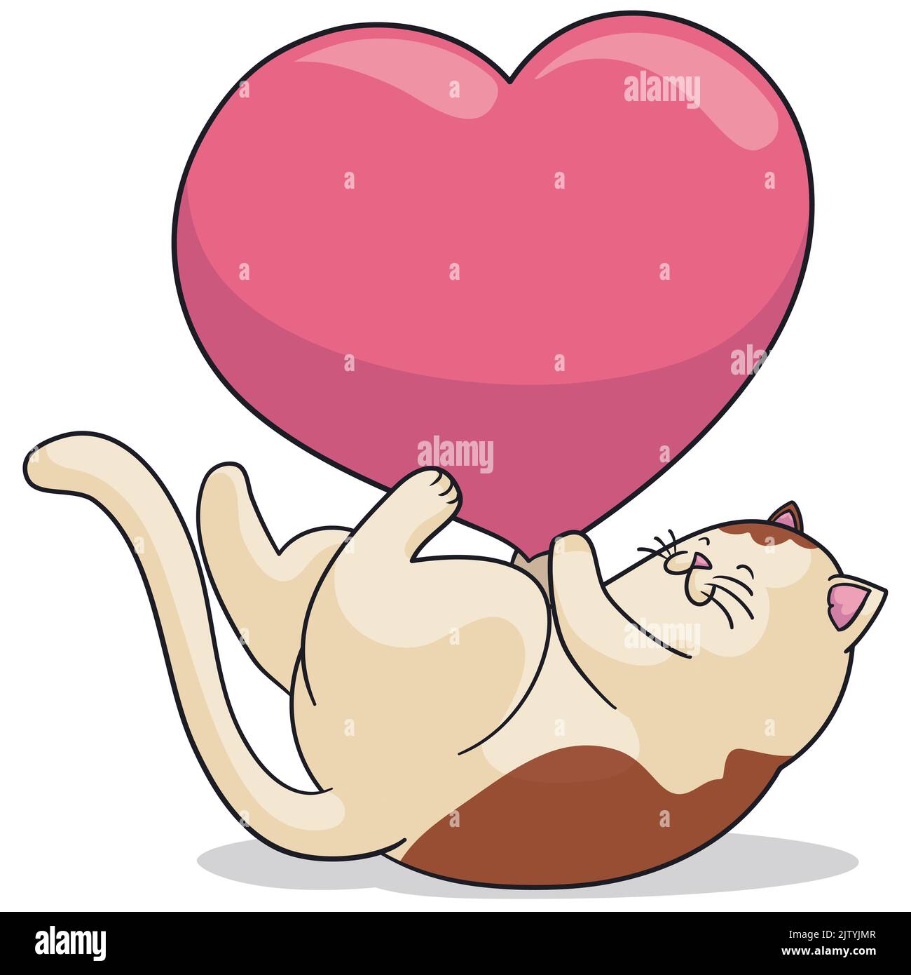 Die verspielte Katze lehnte sich auf den Rücken und spielte mit einem großen rosa Herz. Stock Vektor