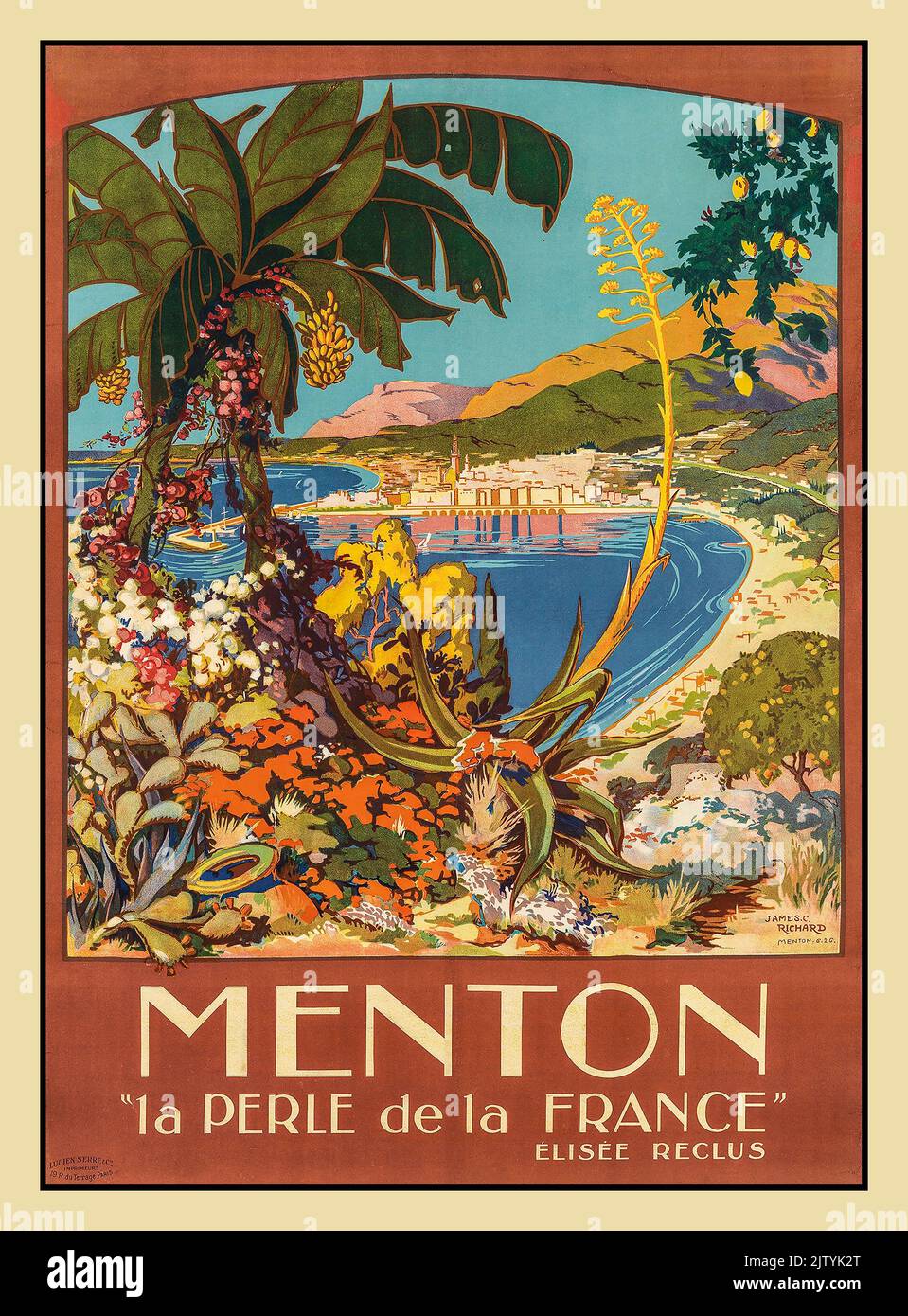 Vintage 1900s Menton Exotic Travel Poster 'La Perle de la France' 'Elisee Reclus' Menton Cote d'Azur Frankreich Künstler James C. Richard Stockfoto