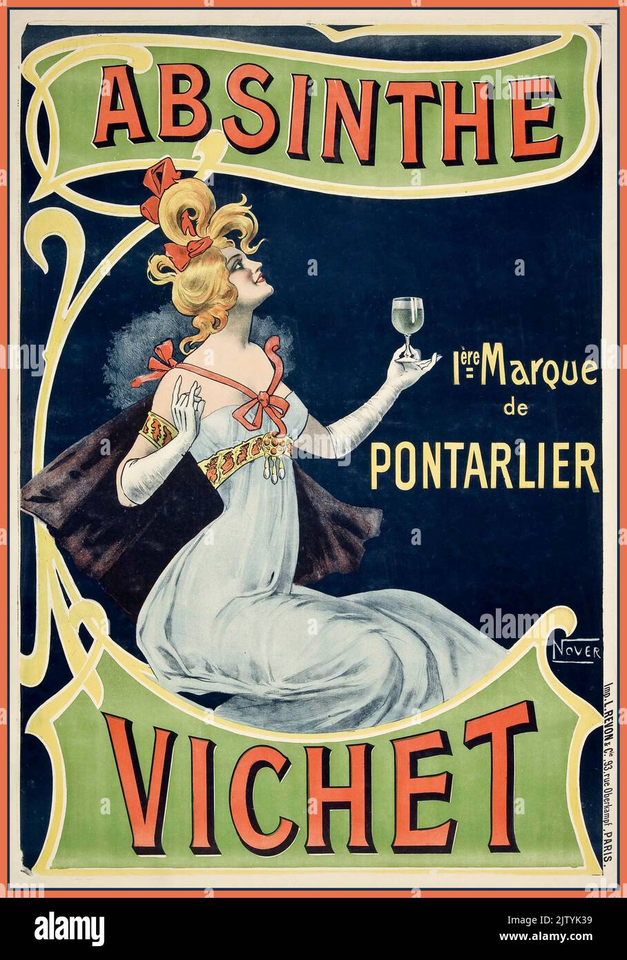 Vintage 1880s ABSINTHE Drinks Poster von VICHET 1ere Marque de Pontarlier gedruckt bei REVON Paris Frankreich Stockfoto