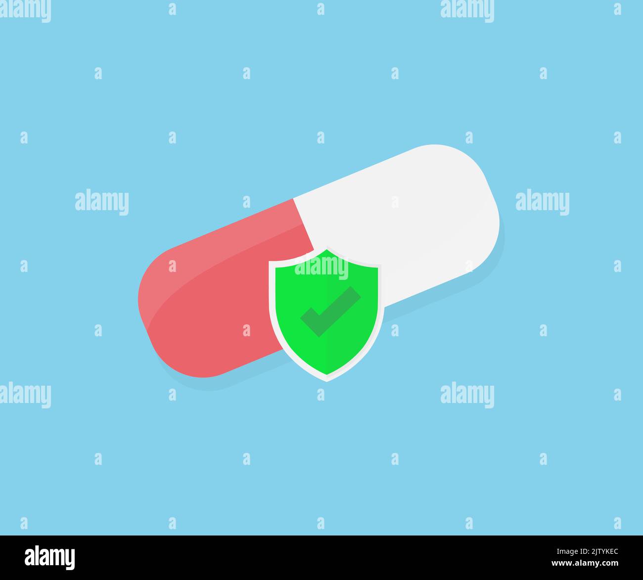Pharmazeutische Pille auf blauem Hintergrund, Medizin, Sicherheit, Gesundheitsschutz Logo Design. Arzneimittel Schmerzmittel, Antibiotika, Vitamine, Mineralstoffe. Stock Vektor