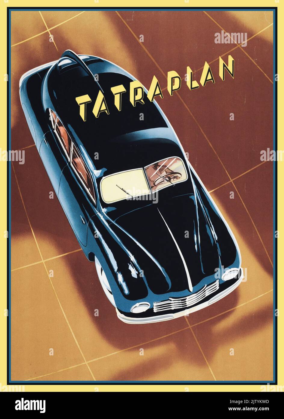 1951 T600 Sport zurück Tatraplan Werbebroschüre Titelmagazin. Der Tatra 600, genannt Tatraplan, war ein großer Familienwagen mit Heckmotor (D-Segment in Europa), der von 1948 bis 1952 vom tschechischen Hersteller Tatra produziert wurde. Der erste Prototyp wurde 1946 fertiggestellt. Stockfoto