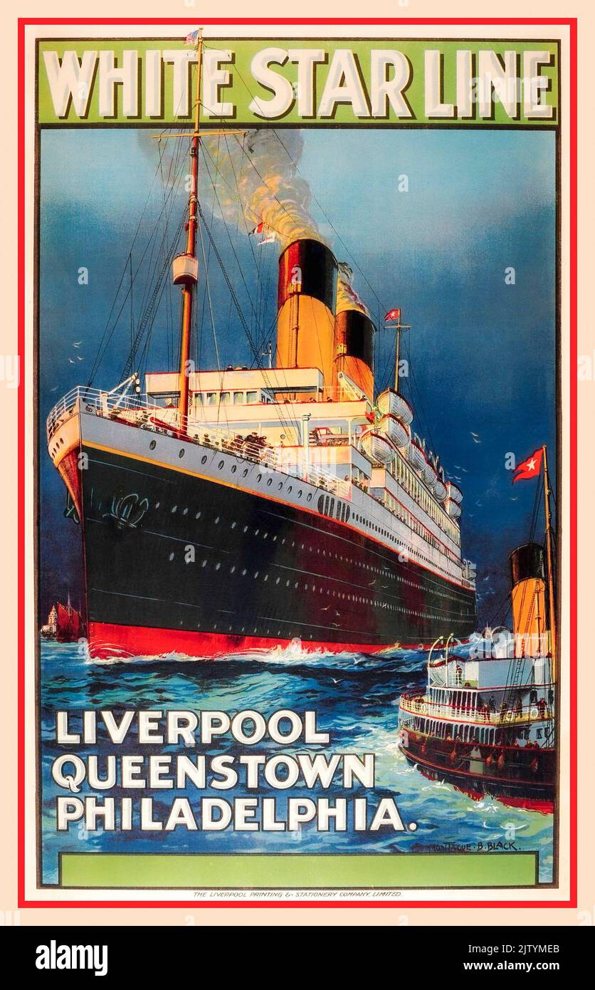 White Star Line Ocean Liner Vintage Poster segelt auf der Route von Liverpool nach Queenstown und Philadelphia Werbeplakat 1900s vom Künstler Montague B Black Stockfoto