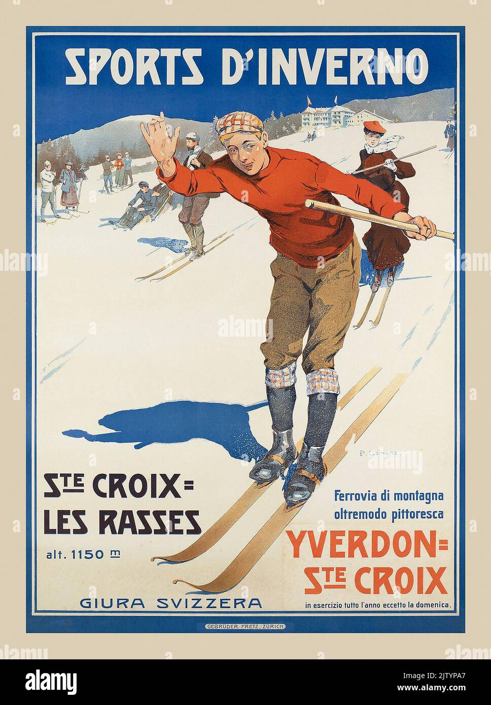 Vintage Ski Poster 1900s Travel Sport Style Fashion Sports d'Inverno, Ste Croix Les Rasses, Yverdon - Ste Croix von Edouard Elzingre 1905 Stockfoto