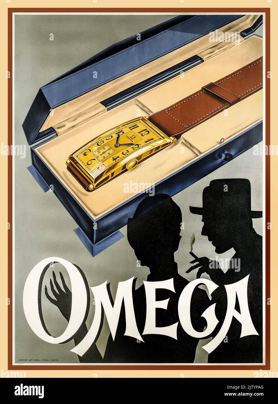 1920s OMEGA Uhr Werbeplakat Omega Stil Typ AR738 hergestellt im Jahr 1929. Eine der ersten Omega-Uhren im Vintage Art Deco-Stil und eines der ersten Werbeplakate, die von Omega Watches Lithograph Printing veröffentlicht wurden Stockfoto