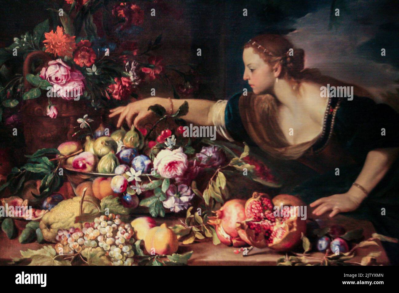 Frau greift Früchte von Abraham Brueghel, Schule der südlichen Niederlande c1669, Louvre Museum, Paris, Frankreich - AUG 2019 Stockfoto