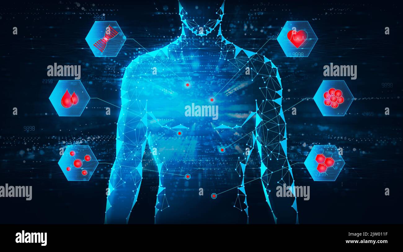 Biomarker-Entdeckung für diagnostische und prognostische oder prädiktive medizinische Zwecke - Fortschritte in der Präzisions- und Personalisierten Medizin - konzeptionelle Illust Stockfoto